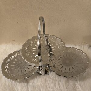 Vintage 3 Tray Tiered Folding Hors d'oeuvres & Deserts Silver Tone Stand